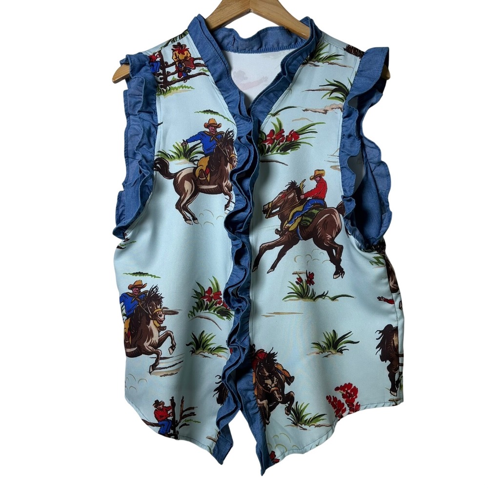 Vintage Cowboy Western Blouse Women Sz. XL Blue Ruffle Rodeo Horse Print - Picture 2 of 8
